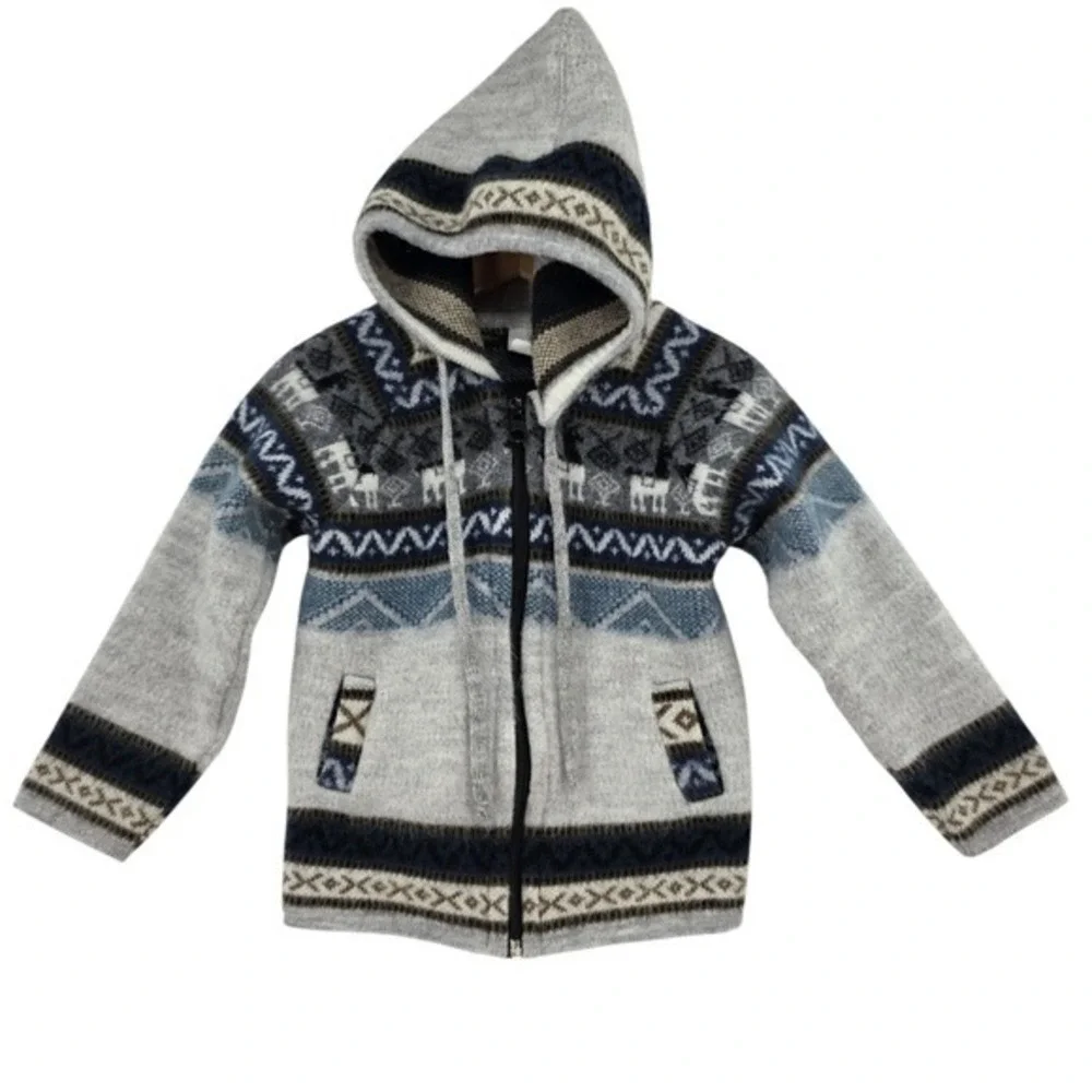 Boys 18M Handmade Blue Gray Full Zip Hooded Alpaca Sweater